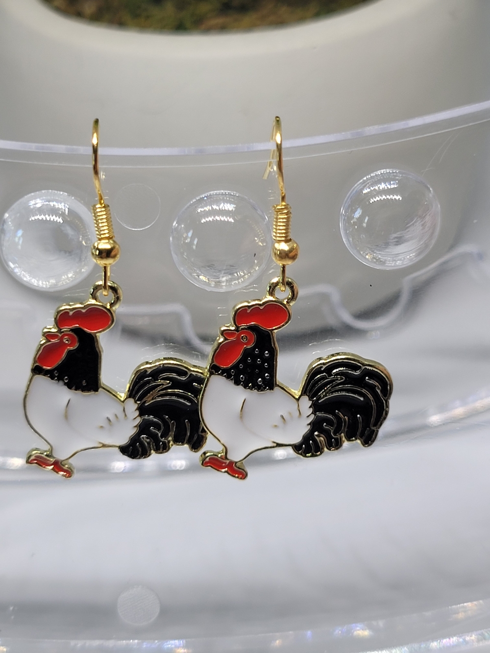 Gold-Tone Rooster Drop Earrings in Black, White & Red